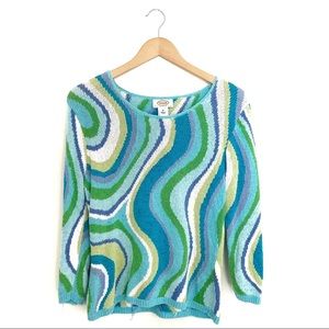 Vintage Y2K Swirl Pattern Size Medium Petite Blue Green White Pucci Style Scoop